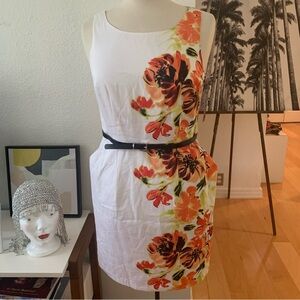 AGB Sleeveless Cotton Dress.  Lined.  White with floral print on one side only